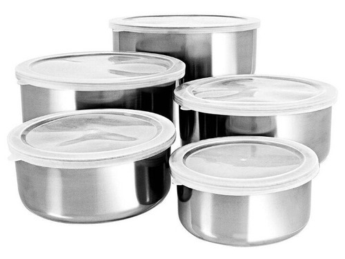 Conjunto De Potes Para Alimentos Inox Com Tampa Jogo 5 Peças
