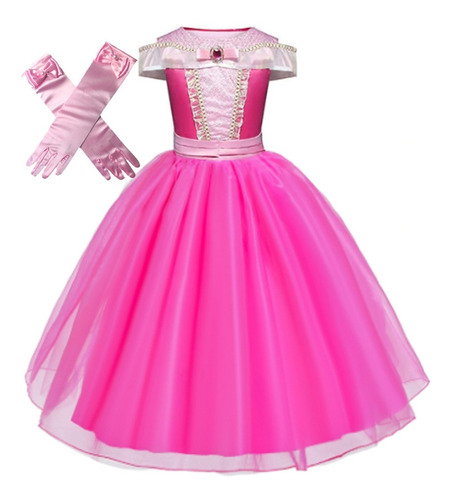 Vestido Princesa Infantil Longo Rosa Menina Criança + Luvas