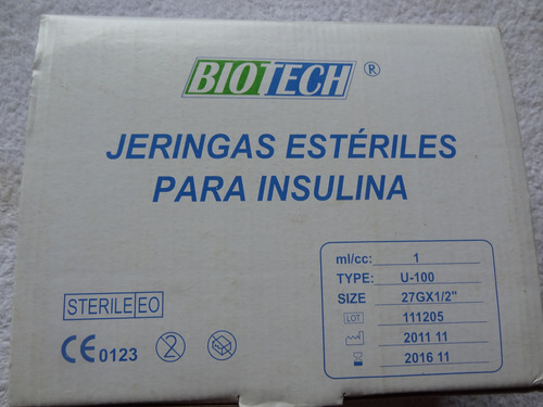Jeringas Esterilizadas Para Insulina 1mm/cc 27gx 1/2 100 Uni