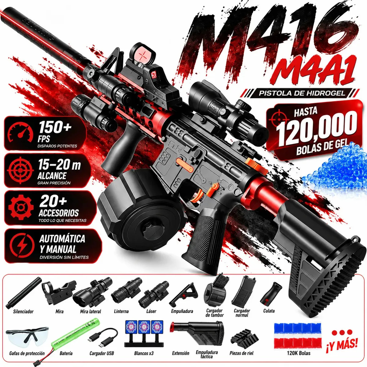 VCICI Pistola de Hidrogel M416 M4A1 Lanzador Rifle Juguete 95cm, Negro/Rojo, +20 Accesorios, 120k Balas, Realista, Gel Blaster, Todo Incluido. Regalo Niños Cumpleaños Navidad Coleccionistas