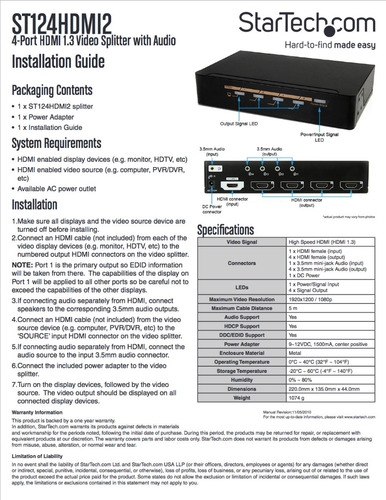 Imagen 5 de 5 de Startech St124hdmi2 Divisor Hdmi De 4 Ptos Con Amplificador