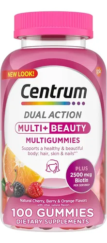 Centrum Multigummies Multi+ Beauty Multivitamínico De Doble Acción Sabores De Cereza, Baya Y Naranja, 100 Unidades