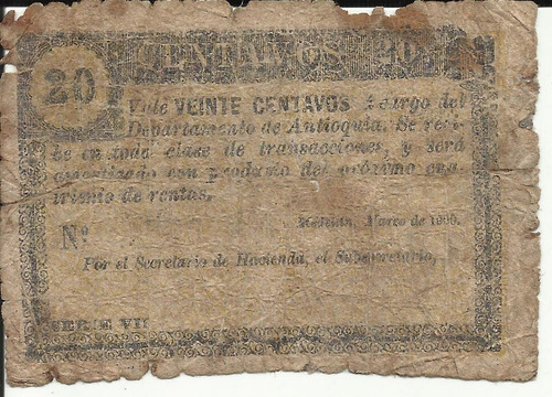 Colombia 20 Centavos 1900 Serievii Departamento De Antioquia