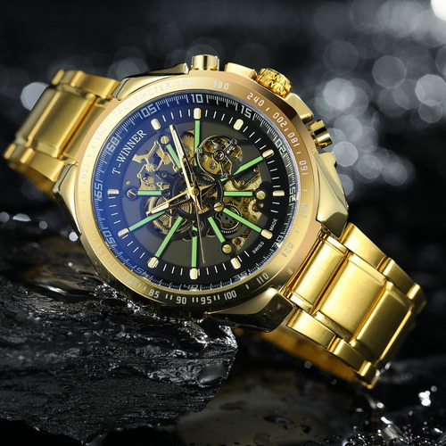 Imagen 2 de 10 de Reloj De Marca Winner Automático Hombre Skeleton Dorado