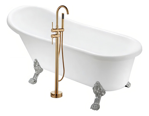 Solana Kit Bañera Estilo Vintage 150x75x75 Cm De Acrilico Solido Blanco Con Grifo Independiente Cuello Cisne Color Dorado / Bañera Ovalada Slim Blanca Con Patas De Acero
