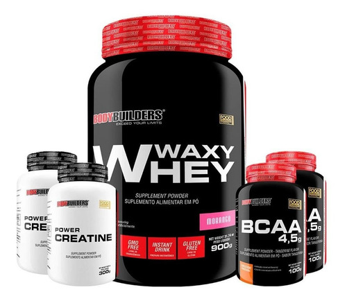 Kit 5 Em 1: Whey 900gr. + 2 Bcaa 100gr. + 2 Creatina 100gr. Sabor Morango