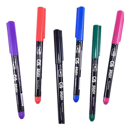 Caneta Brush Pen CIS 6 Cores Cores Básicas Aquareláveis