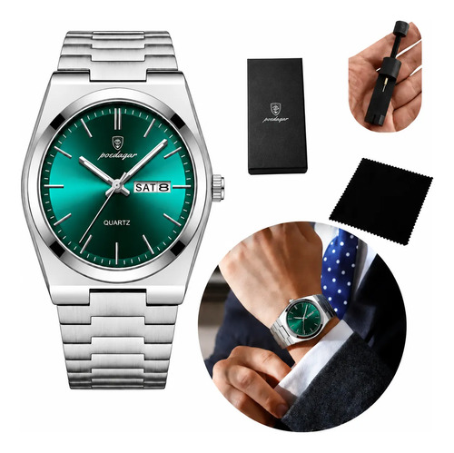 Relógio Poedagar Suíço Masculino Aço Inox Old Money com Caixa