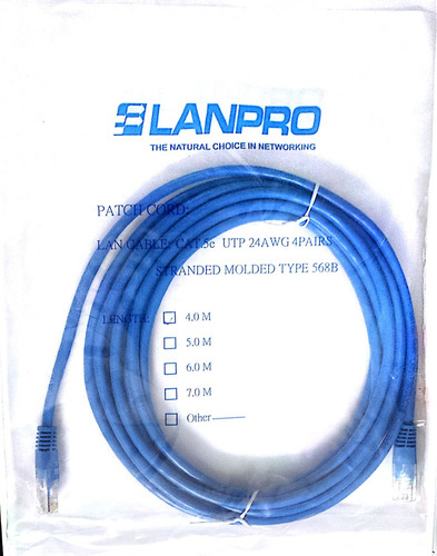 Patch Cord 4mts Lanpro Cat 5e Azul Y Gris