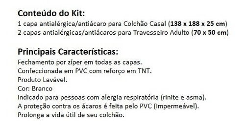 Kit Capas Antiácaro: 1 Colchão Casal + 2 Fronhas Em Tnt/ Pvc