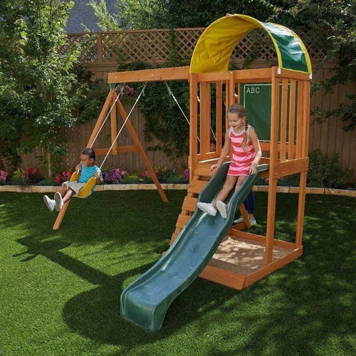 Casita De Madera Infantil Resbaladilla Columpios Didáctico