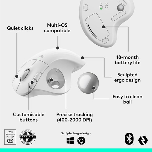 Mouse Ergonómico Logitech Ergo M575s, Inalámbrico, Blanco