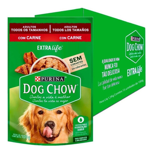 Ração Úmida Cães Sabor Carne Sachê 100g 15un Purina Dog Chow