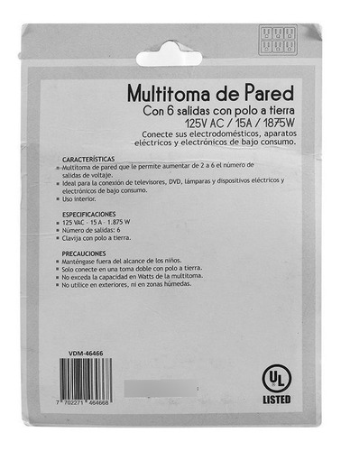 Imagen 2 de 5 de Oferta Del Dia Multitoma Electric Line Vdm-46466 Pared 6 Sal