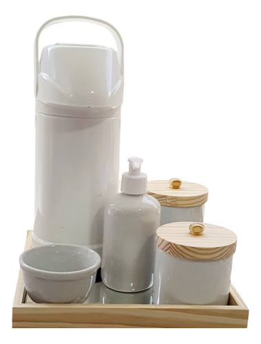 Kit Higiene Bebê Porcelana Potes Garrafa Termica Pump