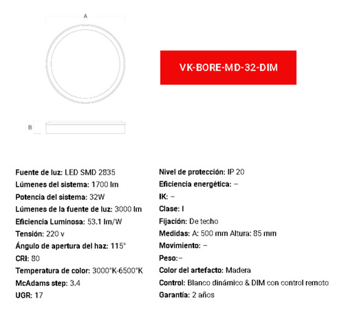 Aplique Plafon Led 32w Madera Ø50cm Dimerizable Bore Vk