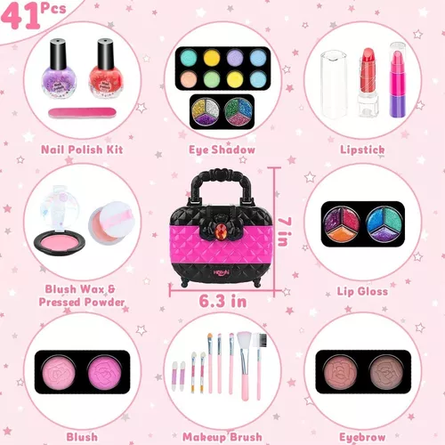 Hollyhi Juego de 56 piezas de maquillaje real para niñas, juego de  maquillaje lavable con estuche de cosméticos para niñas, juguetes de  maquillaje