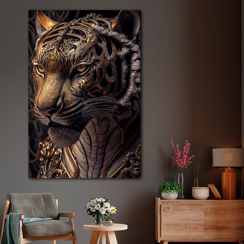 Cuadro Tigre Dorado Fondo Negro Canvas 130x90 Abstracto 141