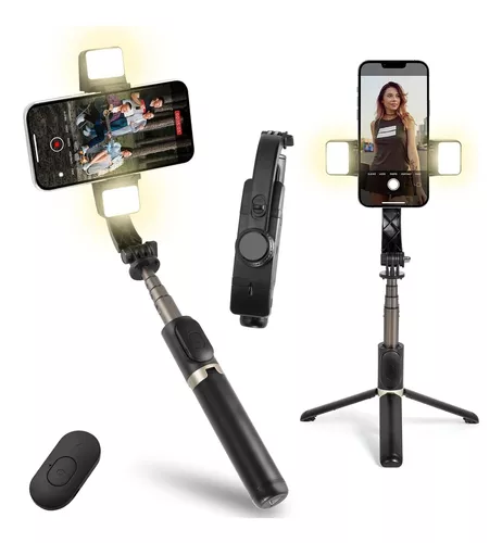 Estabilizador de cardán para teléfono inteligente con luz de relleno  desmontable, palo selfie inalámbrico retráctil y trípode, control remoto