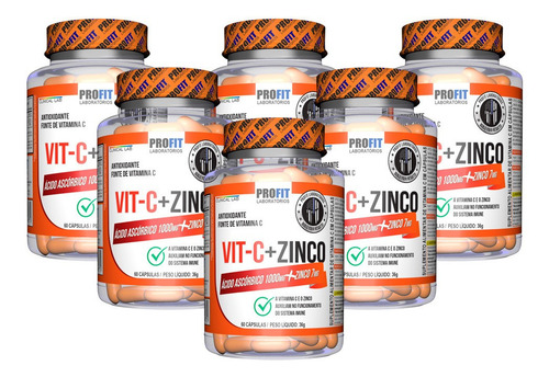 Kit 6x Vitamina C 1000mg + Zinco 7mg - Profit Labs Sabor Sem Sabor