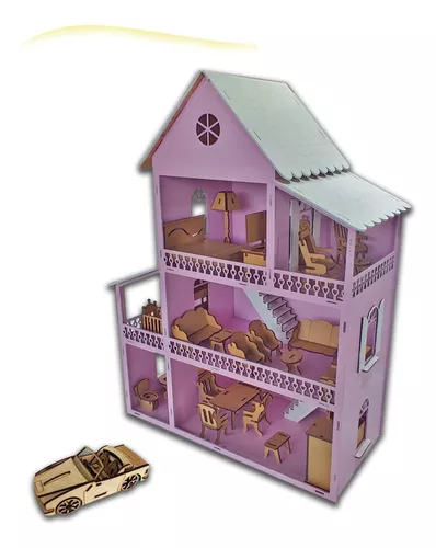 Casa Casinha Da Barbie + Garagem em Mdf Cru Com 22 Móveis Cru