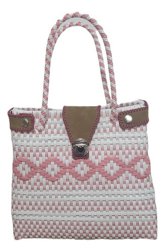 Bolsa Artesanal Para Dama Hecha A Mano Tote Bag Acabado De Los Herrajes Níquel Color Blanco Correa De Hombro Rosa Claro Con Blanco