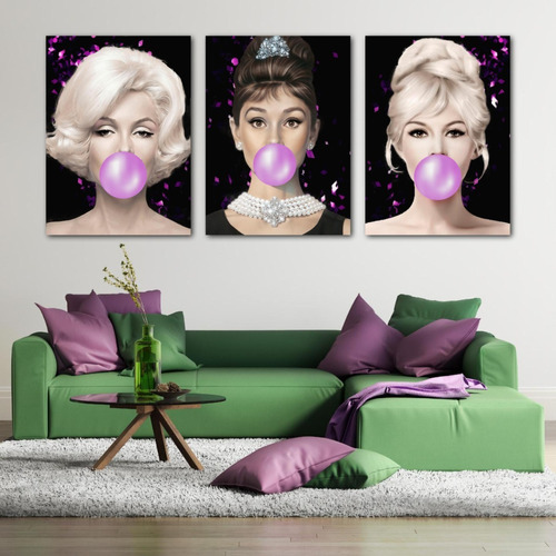 Cuadro Marilyn Monroe Audrey Hepburn Chicle Gum Set 3 55x40