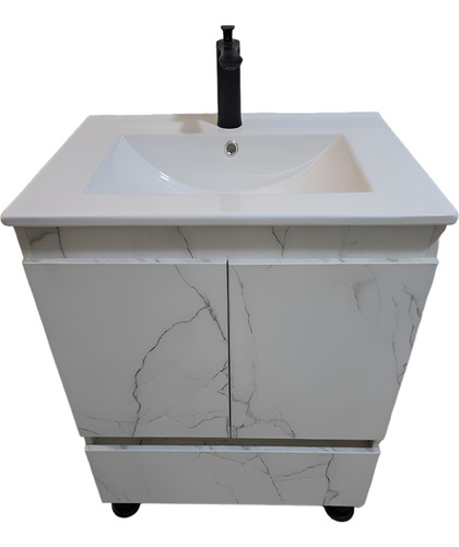 Lavabo Y Monomando Con Gabinete, Mueble De Baño A Piso. Mármol Blanco Liso
