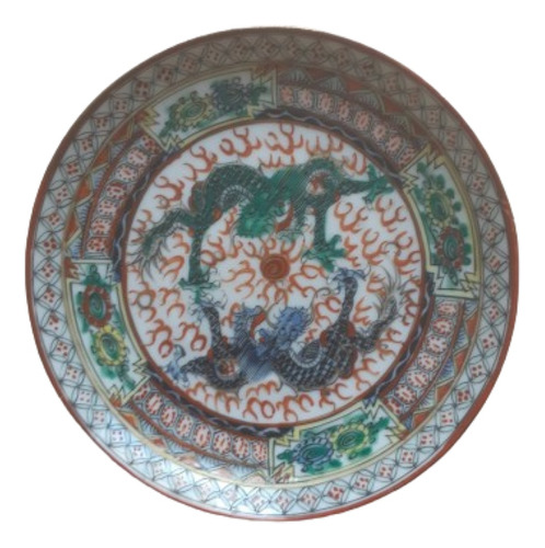 Plato De Porcelana China Con Dos Dragones, Sellado
