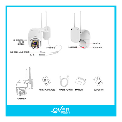 Camara De Seguridad Overtech Wifi Ov-64ptz 4mp Wifi Domo Inteligente IP, Visión nocturna infrarroja color, Detección y alerta de movimiento, Función PTZ, Alarma de luz y sonora por emergencias
