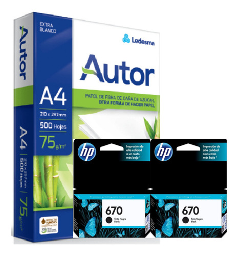 Cartuchos Hp 670 Negro Pack X2 Originales + Resma Autor A4