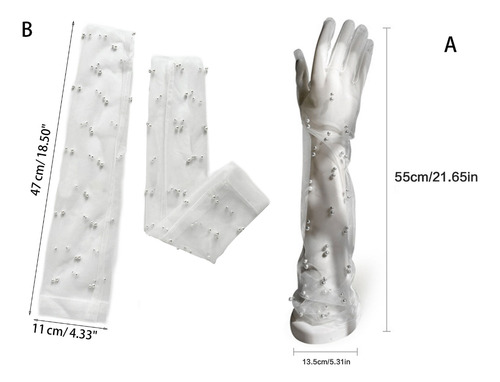 (b) Guantes Largos De Encaje Con Perlas, Malla De Tul Elásti