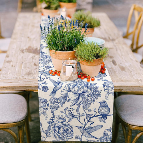 Caminos De Mesa De Lino Azul Y Blanco Retro Monocromáticos C