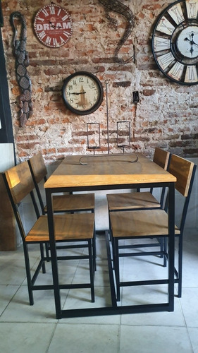Imagen 4 de 10 de Mesa Hierro Y Madera 120x70 + 4 Sillas Industriales Exterior