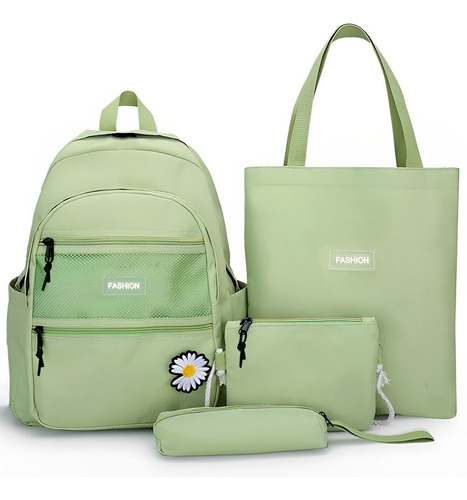 Kit Mochila Feminina Escolar 4 Peças Bolsas Estojo Margarida Cor Verde