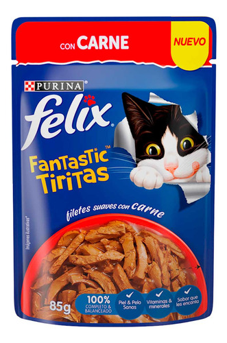 Purina Felix Fantastic Tiritas Carne Alimento Húmedo Gatos Adultos 85g Filetes Suavces Con Carne