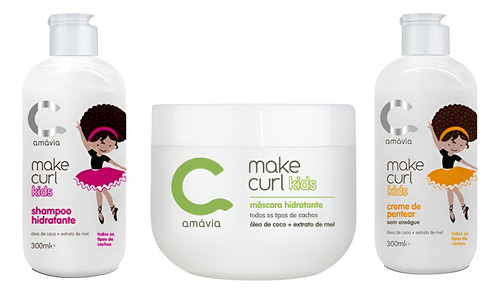 Kit Make Curl Kids Amavia Shampoo Máscara Creme De Pentear