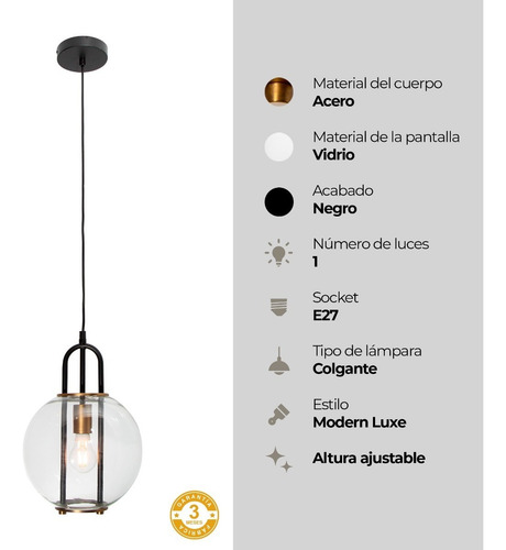 Imagen 6 de 8 de Lámpara Colgante Moderno Negro Bronce 60w E27 1 Luz