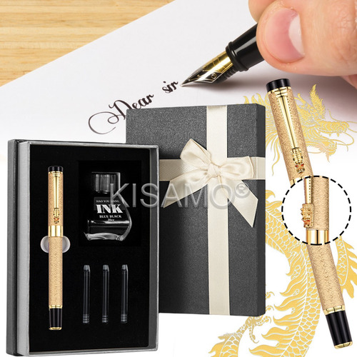 Pluma Estilográfica Elegante Minimalista Metalica Con Tinta 