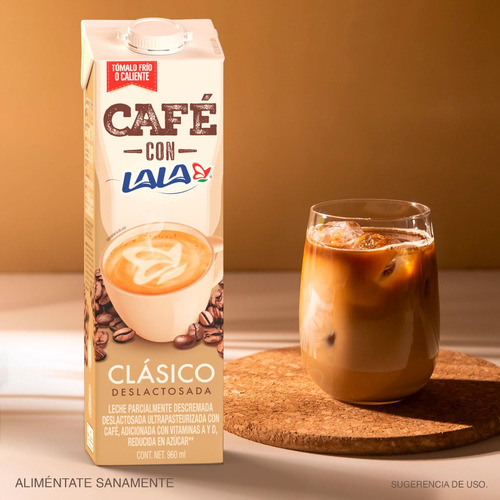 Café Lala. Leche Deslactosada Con Café 12 Pzas De 960 Ml