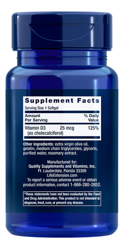 Vitamina D3 25mcg Life Extension 90 Softgels Importado