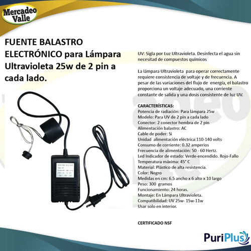 Tubo Ultravioleta 25w 2 Pin + Fuente Lampara Uv Filtro Agua