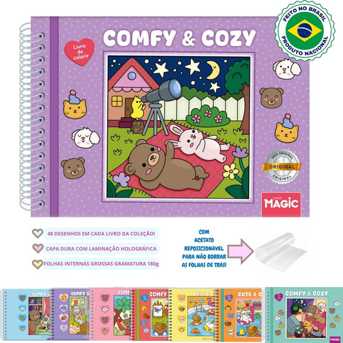 Kit 12 Marcadores Duplos + Livro De Colorir Comfy & Cozy Comfy & Fluffy No Estilo Tendencia Tik Tok Bobbie Goods Folhas Grossas 180g Com Acetato Capa Dura Laminada