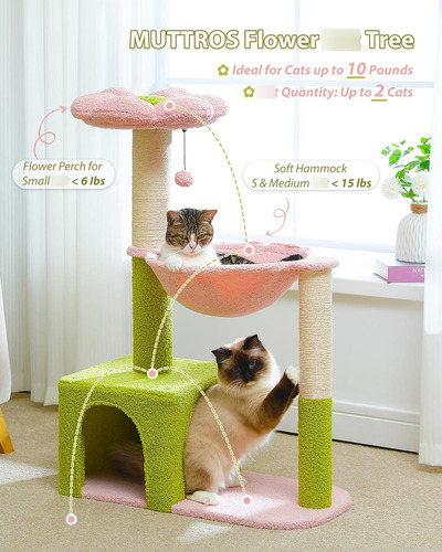 Árbol De Flores Para Gatos Con Hamaca Y Rascadores Grandes Rosado