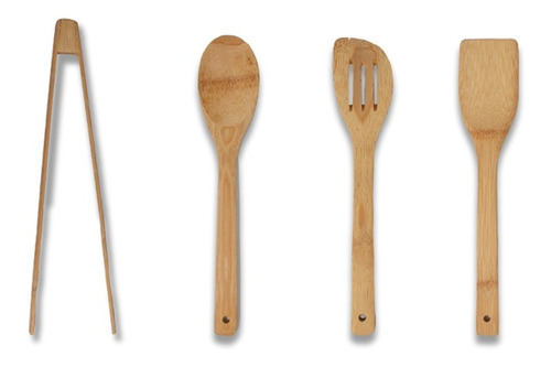 Set X4 Utensilios Madera Espatula Cuchara Pinza Cocina 30 Cm