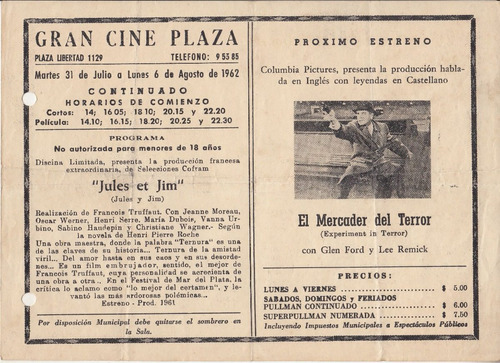 1962 Programa Gran Cine Plaza Jules Et Jim Truffaut Clasicos