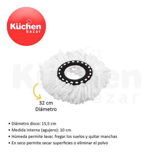 Imagen 2 de 10 de Set X4 Repuestos Para Mopa Redondo Universal Balde Escurridor Lampazo Giratorio Algodón Ultra Absorbente - 15,5 Cm