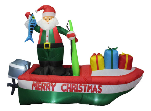 Santa Claus Inflable De 8 Pies De Largo En Un Bote De Pesca