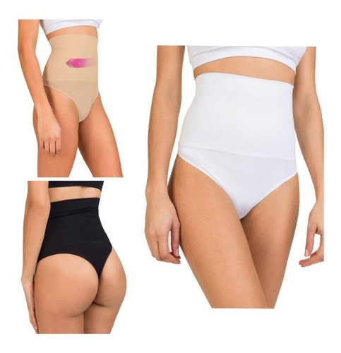 Pack 3 Bombacha Tanga Faja Reductora Colaless Corte Alto