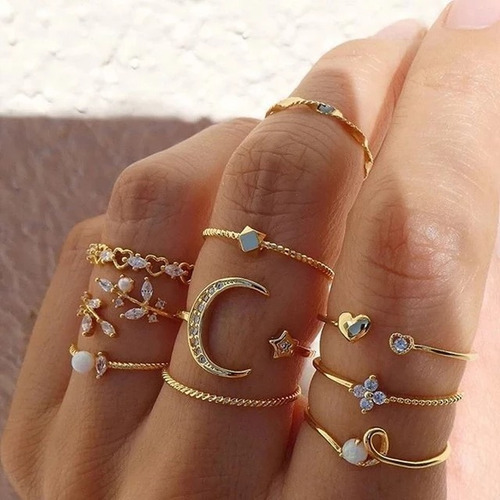 Set Conjunto Anillos Luna Y Perlas Dorado